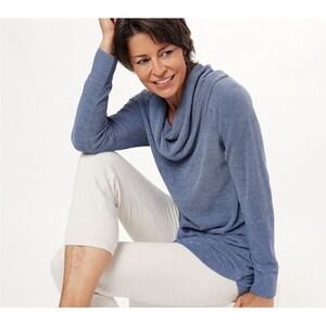 Barefoot Dreams CozyChic Ultra Lite Cowl Neck Knit Sweater Tunic in Vintage Blue